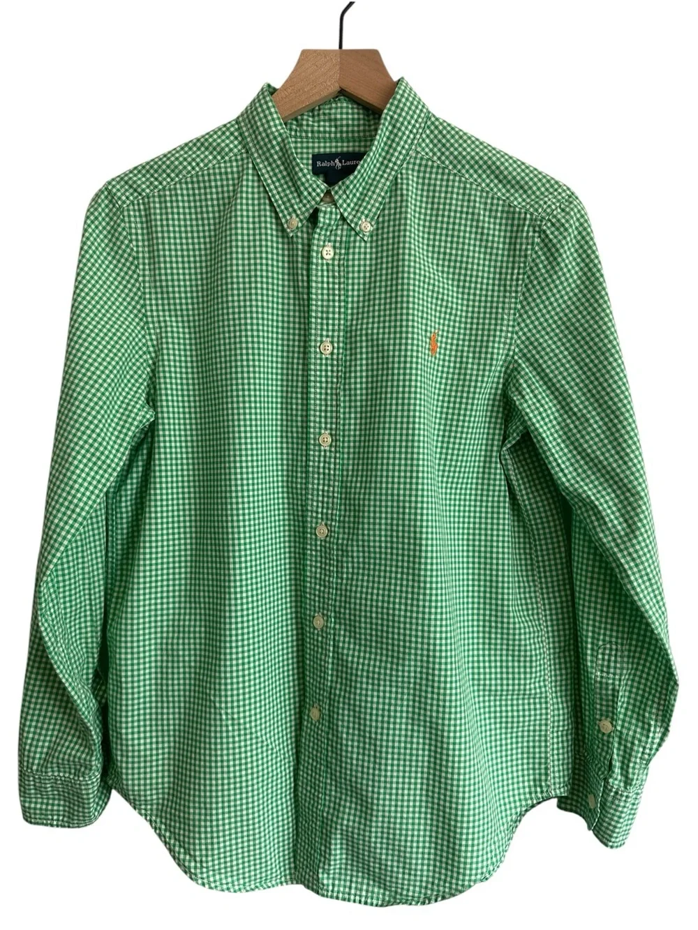 Ralph Lauren Boys Shirt Green White Gingham Button Down Preppy Classic Logo